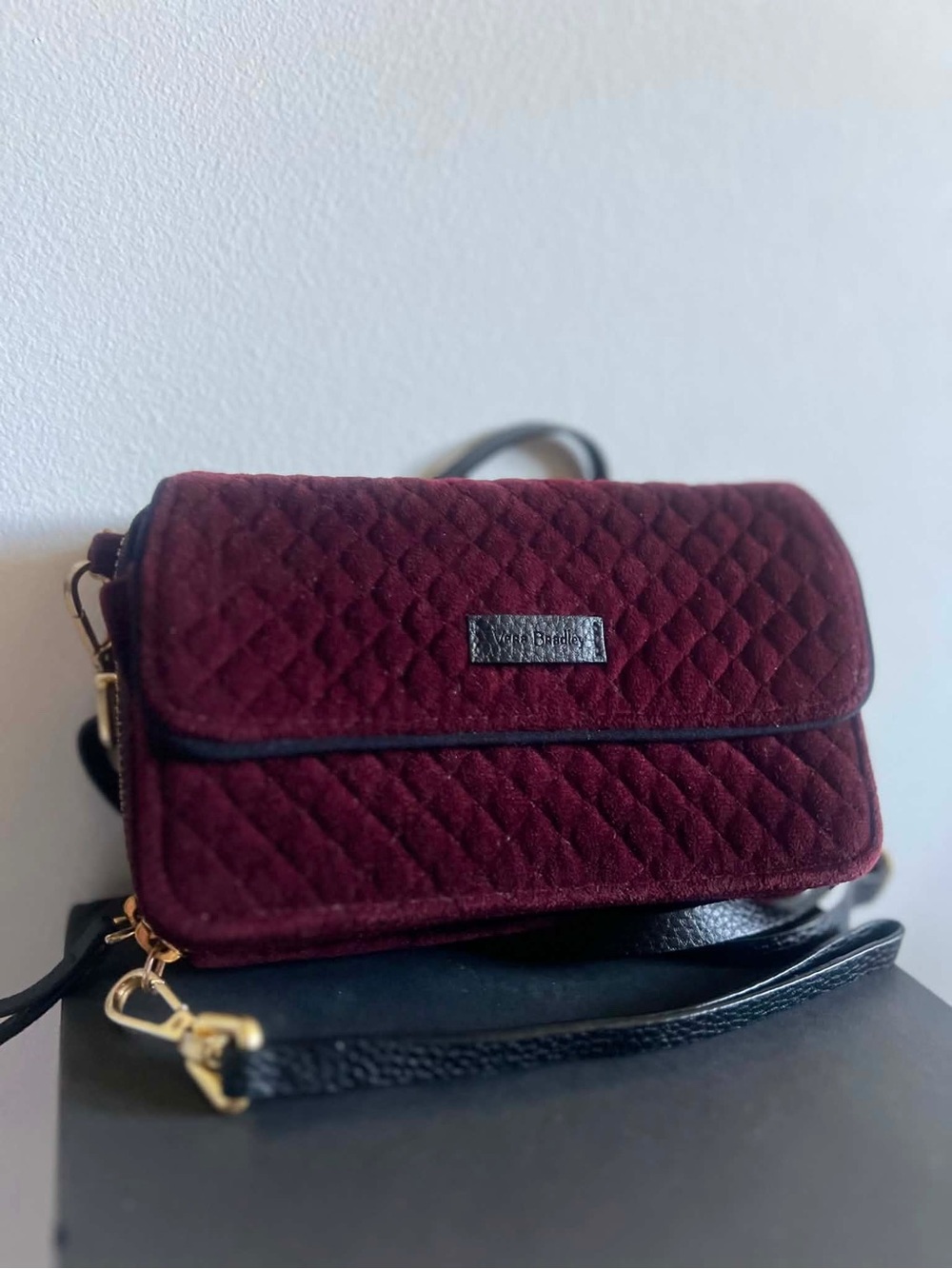 Vera Bradley Quilted Burgundy Crossbody with Black Strap and Gold Hardware